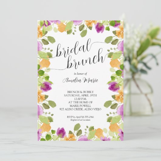 紫エレガントフローラ水彩ブライダルシャワー 招待状 (スタンド正面)