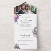 紫エレガントフローラ水彩写真結婚の オールインワン招待状 (内側)