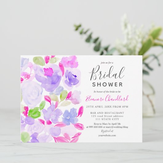紫エレガントフローラ水色ブライダルシャワー 招待状 (スタンド正面)