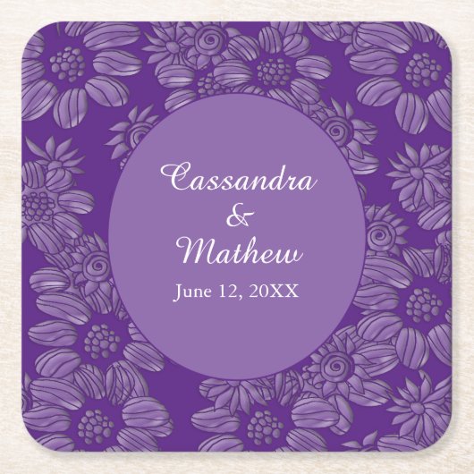 紫エレガントフローラ王室のの結婚デイジー スクエアペーパーコースター (正面)