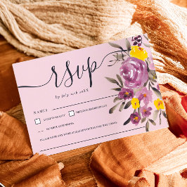 紫エレガントフローラ結婚式rsvpモノグラムピンク 出欠カード