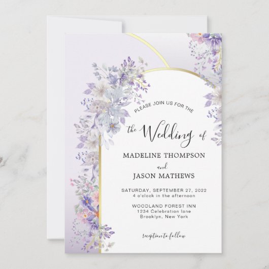 紫エレガントフローラ葉金ゴールド結婚アーチ 招待状 (正面)