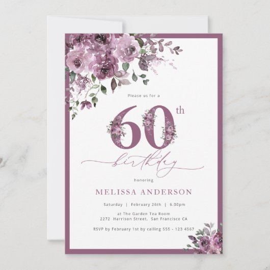 紫エレガントフローラ60番目の誕生日招待状 招待状 (正面)
