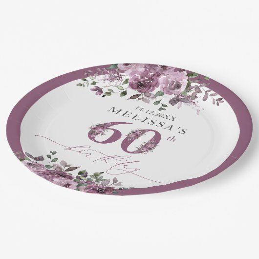 紫エレガントフローラ60誕生日 ペーパープレート (アングル)