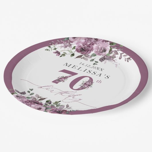 紫エレガントフローラ70誕生日 ペーパープレート (アングル)