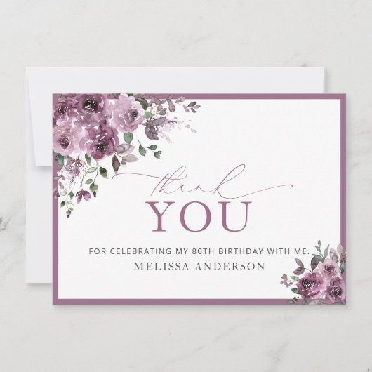 紫エレガントフローラ80番目の誕生日サンキューカード (正面)