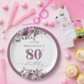 紫エレガントフローラ80誕生日 ペーパープレート (パーティー)