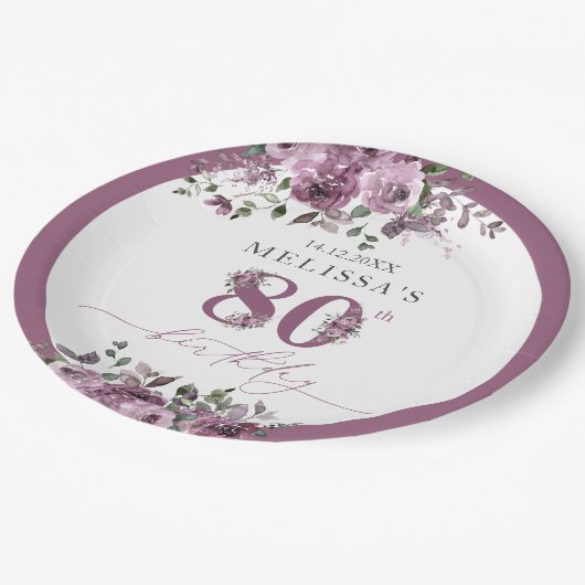 紫エレガントフローラ80誕生日 ペーパープレート (アングル)