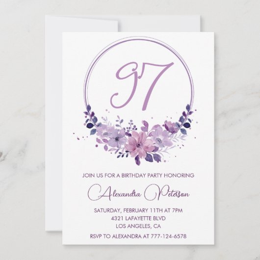 紫エレガントフローラ97歳の誕生日 招待状 (正面)