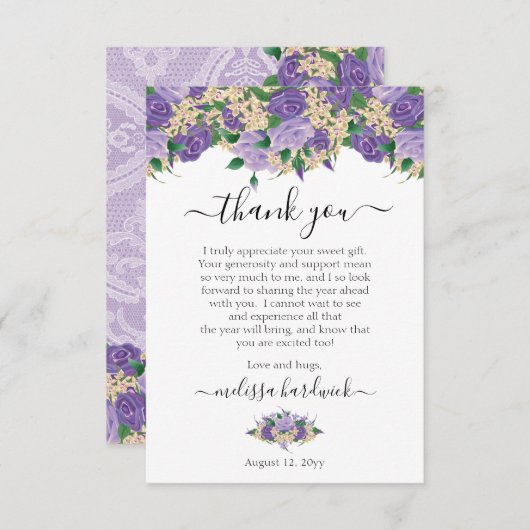 紫エレガントフローラ |レース誕生日パーティー サンキューカード (正面/裏面)