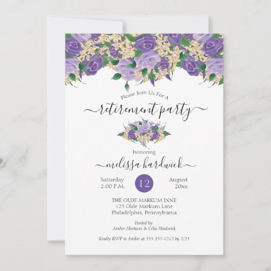 紫エレガントフローラ |レース退職パーティー 招待状 (正面)