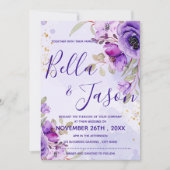 紫エレガントブルーウォーター色のフローラ結婚ズ 招待状 (正面)