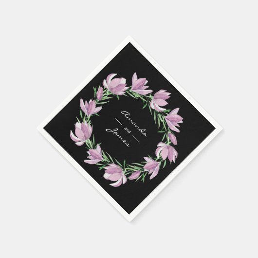 紫エレガントマグノリアフローラ水彩色 スタンダードカクテルナプキン (角)