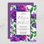 紫エレガントマゼンタ色の花模様結婚ズ 招待状 (正面/裏面)