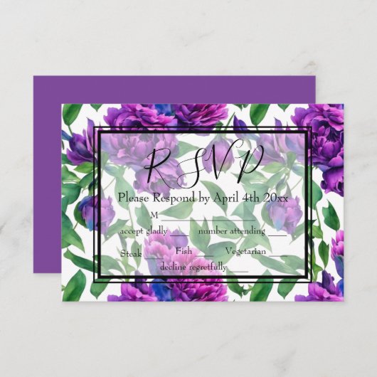 紫エレガントマゼンタ色花模様rsvp 出欠カード (正面/裏面)