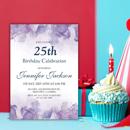紫エレガントモダンと金ゴールドのフローラ25歳の誕生日 招待状