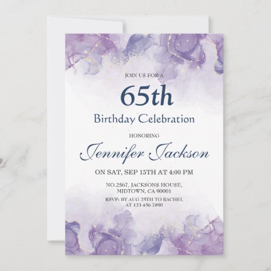 紫エレガントモダンと金ゴールドのフローラ65歳の誕生日 招待状 (正面)