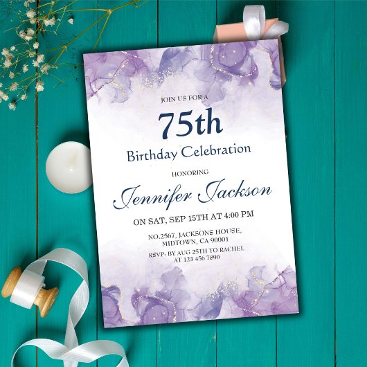 紫エレガントモダンと金ゴールドのフローラ75歳の誕生日 招待状