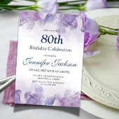 紫エレガントモダンと金ゴールドのフローラ80th誕生日 招待状