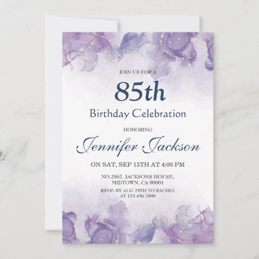 紫エレガントモダンと金ゴールドのフローラ85歳の誕生日 招待状 (正面)