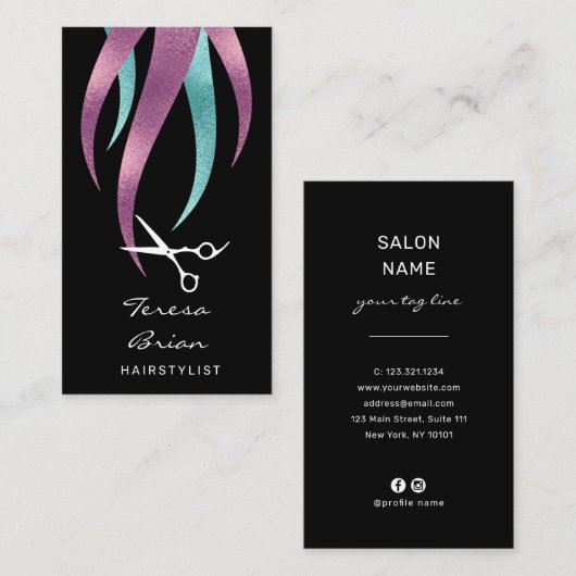 紫エレガントモダンと青のシザーズヘアスタイリスト 名刺 (正面/裏面)