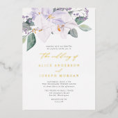 紫エレガントモダンの水の色のラ結婚ン 箔招待状 (正面)