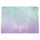 紫エレガントモダングラデーション&ミントグリッター大理石 ラージペーパーバッグ (正面)