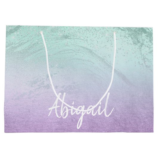 紫エレガントモダングラデーション&ミントグリッター大理石 ラージペーパーバッグ (裏面)