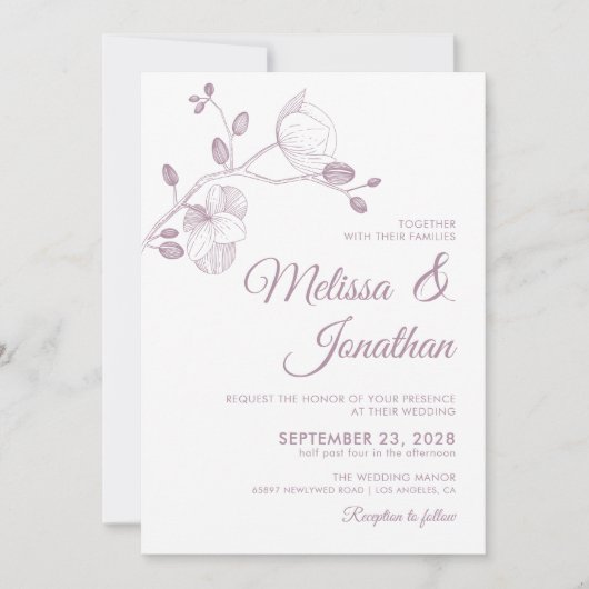 紫エレガントモダン蘭のフローラ結婚 招待状 (正面)