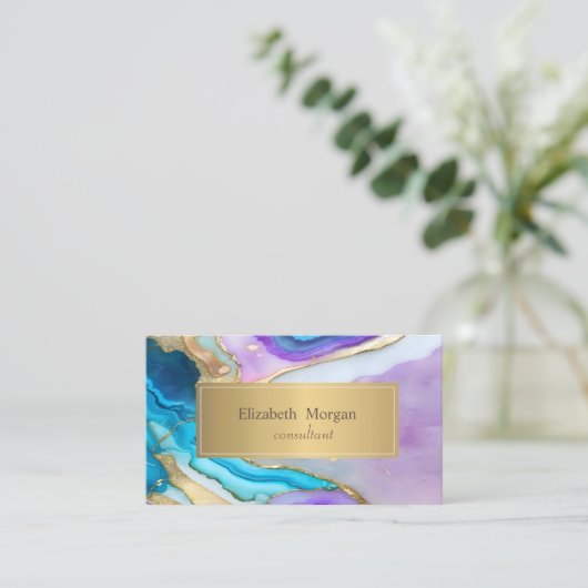 紫エレガントモダン青金ゴールド大理石 名刺 (スタンド正面)