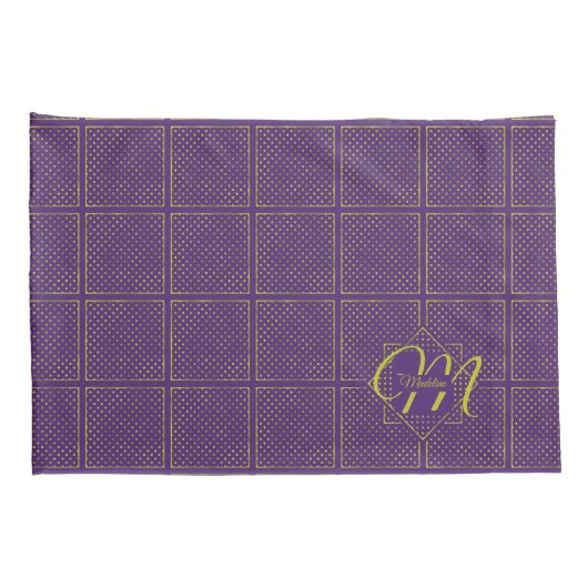 紫エレガントモノグラムの金箔水玉模様 枕カバー (裏面-右)