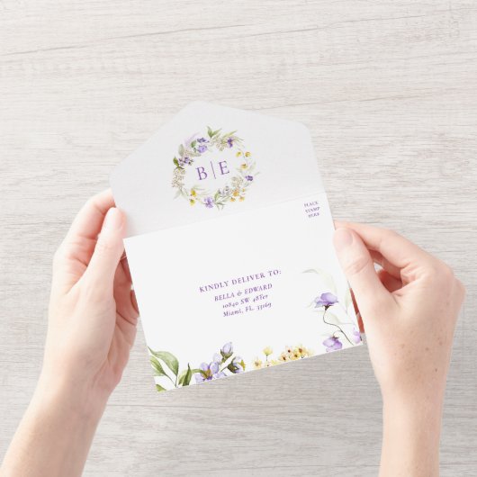 紫エレガントモノグラムフローラのQR結婚コード オールインワン招待状 (開いている状態)