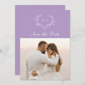 紫エレガントモノグラム日付写真を保存 招待状 (正面/裏面)