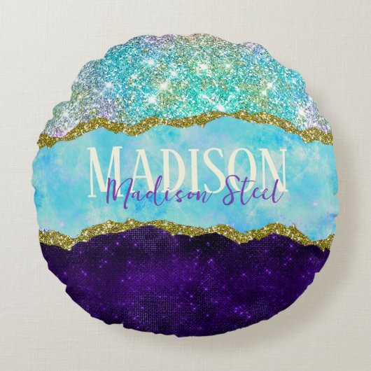 紫エレガントユニコーンフェイクグリッターモノグラム ラウンドクッション (正面)