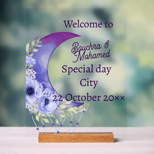 紫エレガント三日月の結婚歓迎サイン アクリルサイン (ニュートラル)