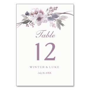 紫エレガント冬フローラのテー結婚ブルカード テーブルナンバー