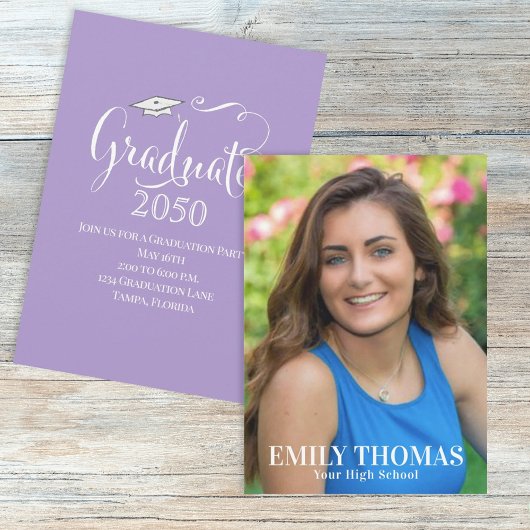 紫エレガント卒業書道シンプル写真 招待状
