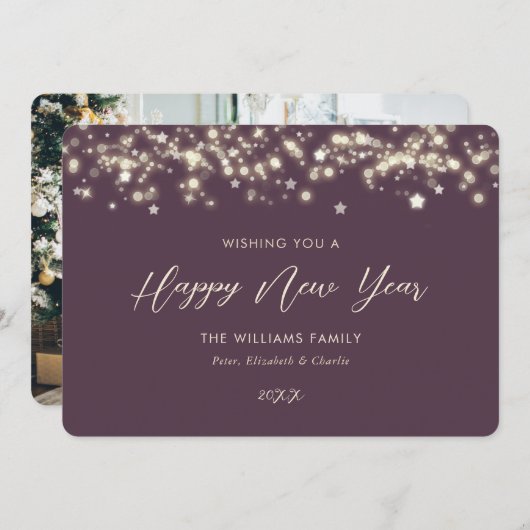 紫エレガント星フォトハッピー新年カード シーズンカード (正面/裏面)