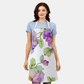 紫エレガント桃色の水彩花模様 エプロン (着用した状態)