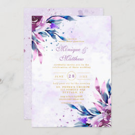 紫エレガント植物牡丹金ゴールド結婚ズ 招待状