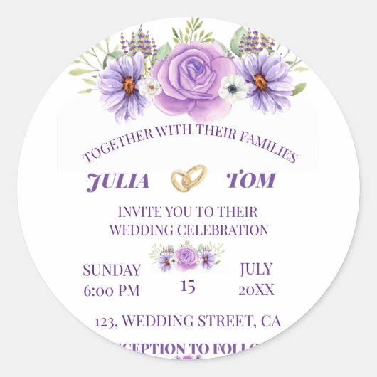 紫エレガント水彩フローラ結婚ズ ラウンドシール (正面)