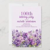 紫エレガント水彩フローラ100誕生日 招待状 (正面)