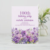 紫エレガント水彩フローラ100誕生日 招待状 (スタンド正面)