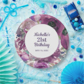 紫エレガント水彩フローラ21歳の誕生日 ペーパープレート (パーティー)