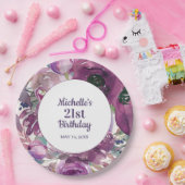 紫エレガント水彩フローラ21歳の誕生日 ペーパープレート (パーティー)