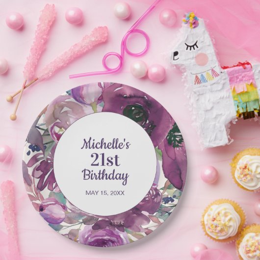 紫エレガント水彩フローラ21歳の誕生日 ペーパープレート (パーティー)