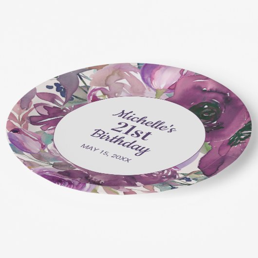 紫エレガント水彩フローラ21歳の誕生日 ペーパープレート (アングル)