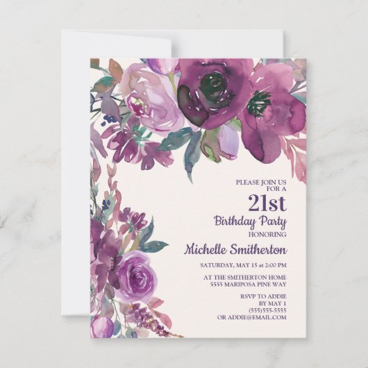 紫エレガント水彩フローラ21歳の誕生日 招待状 (正面)