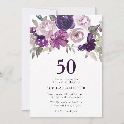 紫エレガント水彩フローラ50誕生日 招待状 (正面)
