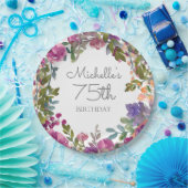 紫エレガント水彩フローラ75誕生日 ペーパープレート (パーティー)